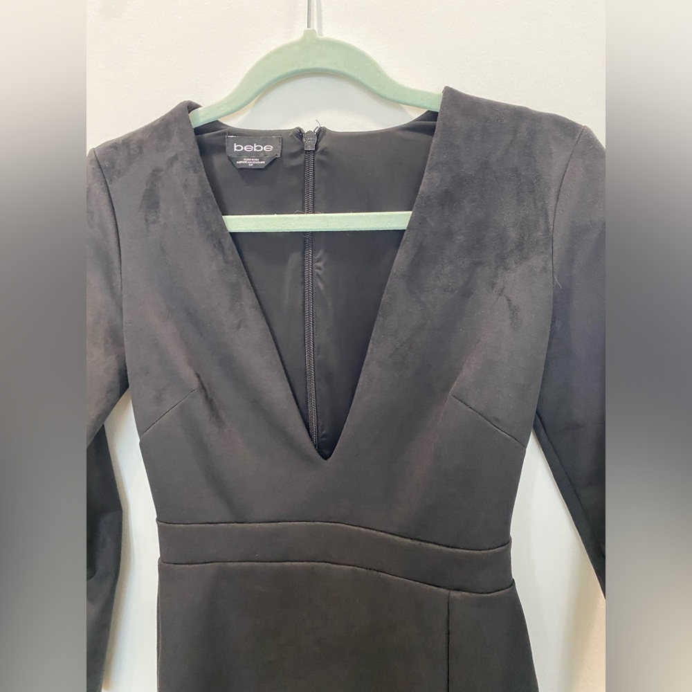 BEBE black Suede Mini Dress plunging neckline